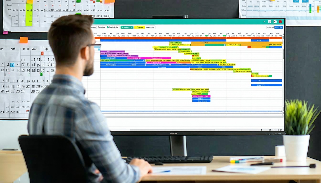 A photorealistic scene of a project manager reviewing a Gantt chart on a large monitor with task dependencies and resource allocation visually represented by coloured lines and bars A calendar printed timeline and status board with pinned deliverable