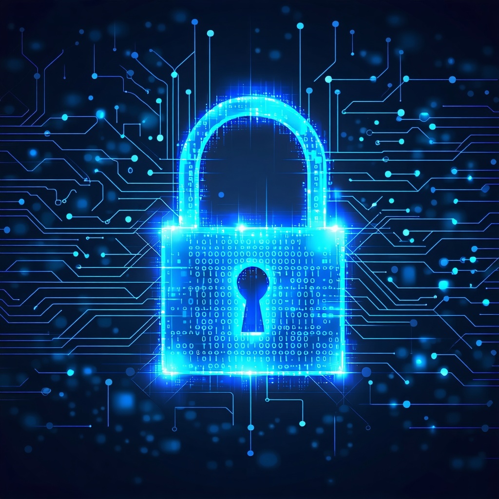 Horizontal image of a glowing digital padlock surrounded by a virtual firewall grid Background is dark with blue circuit lines and binary code cascading across Futuristic hightech feel no people no text Perfect for a cybersecurity training course ba