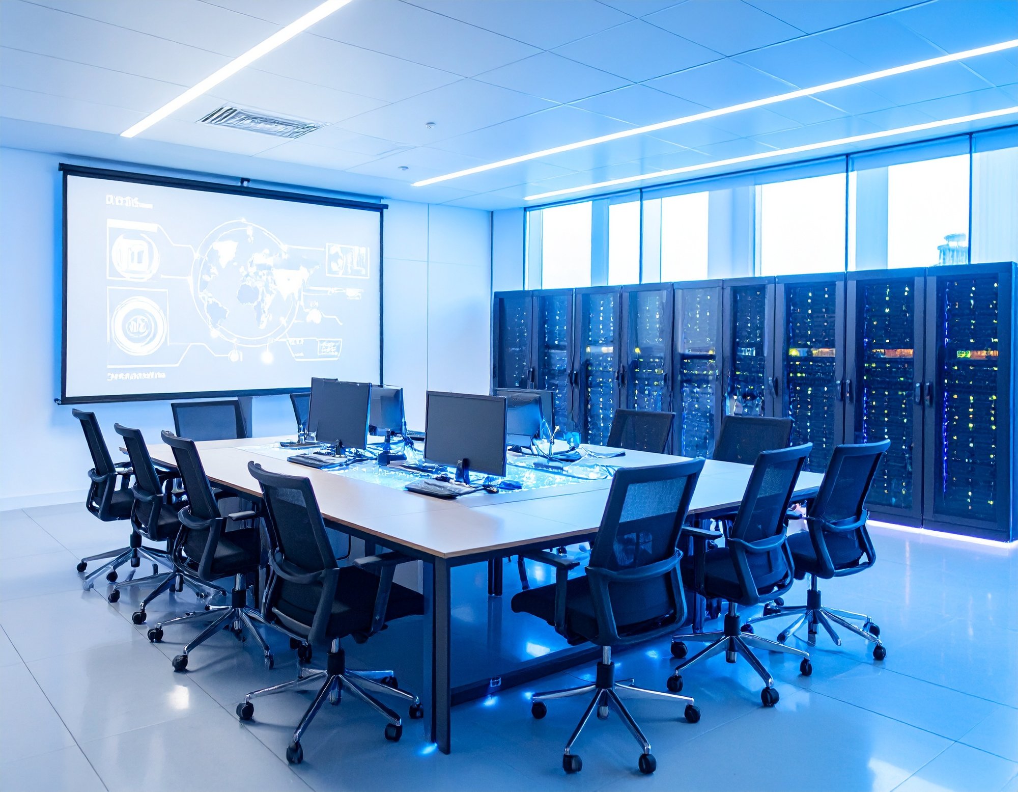 Firefly_Horizontal banner-style image of a modern training room or data centre setup focused  158126